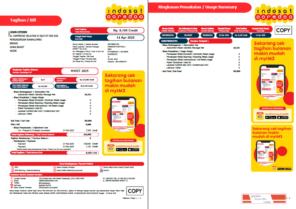 Indonesia Indosat Ooredoo utility bill template in Word and PDF formats, 2 pages